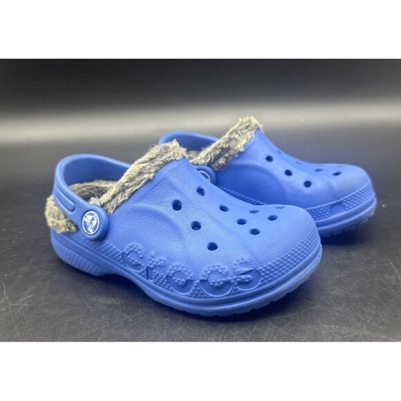 Crocs Other - Crocs Blue w/ Gray Faux Fur Lined Kids Slip On Clog Shoe Sz Child 10-11 Outdoor